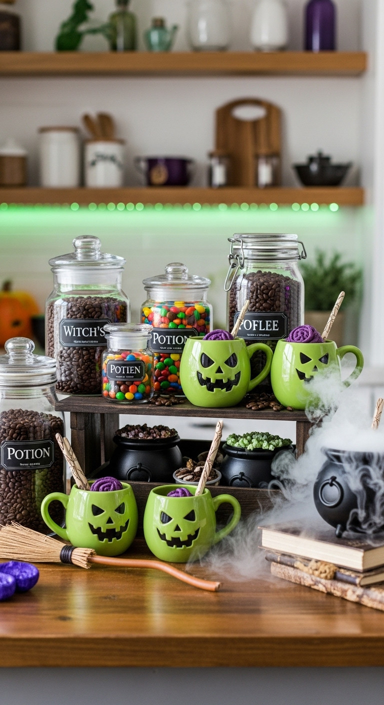 Witch's Brew Potion Station Halloween kitchen coffee bar with apothecary jars cauldron mugs broomstick spellbook and dry ice vapor