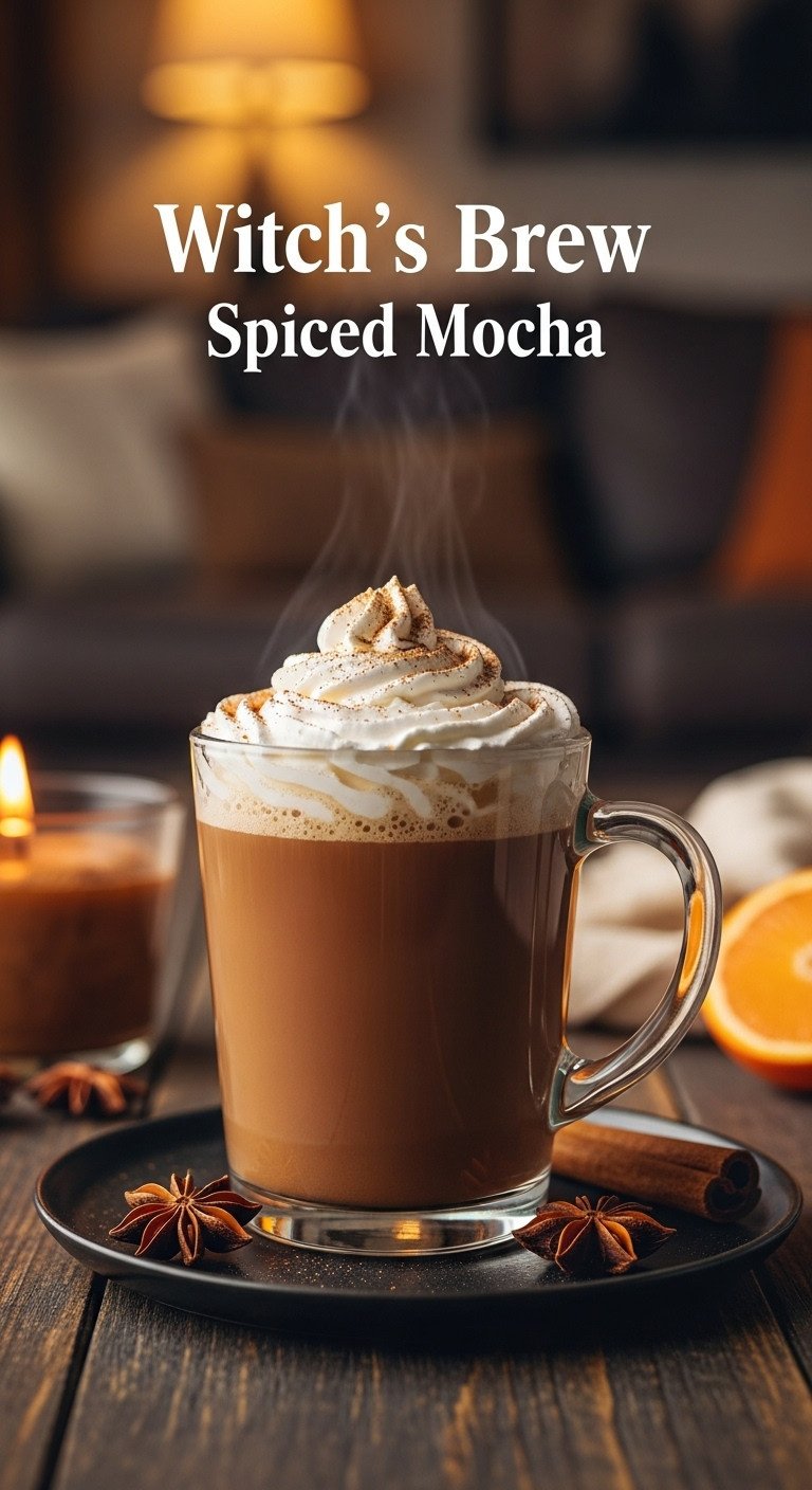 Witch's Brew Spiced Mocha in clear glass mug with whipped cream, nutmeg, cinnamon, and star anise