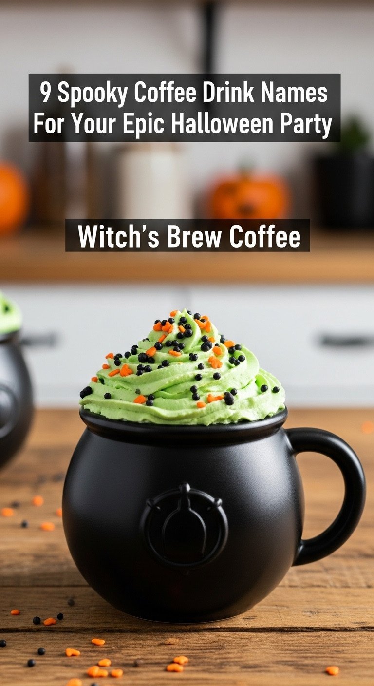 Witch's Brew coffee in cauldron mug with green whipped cream and Halloween sprinkles on a rustic table with blurred spooky kitchen background