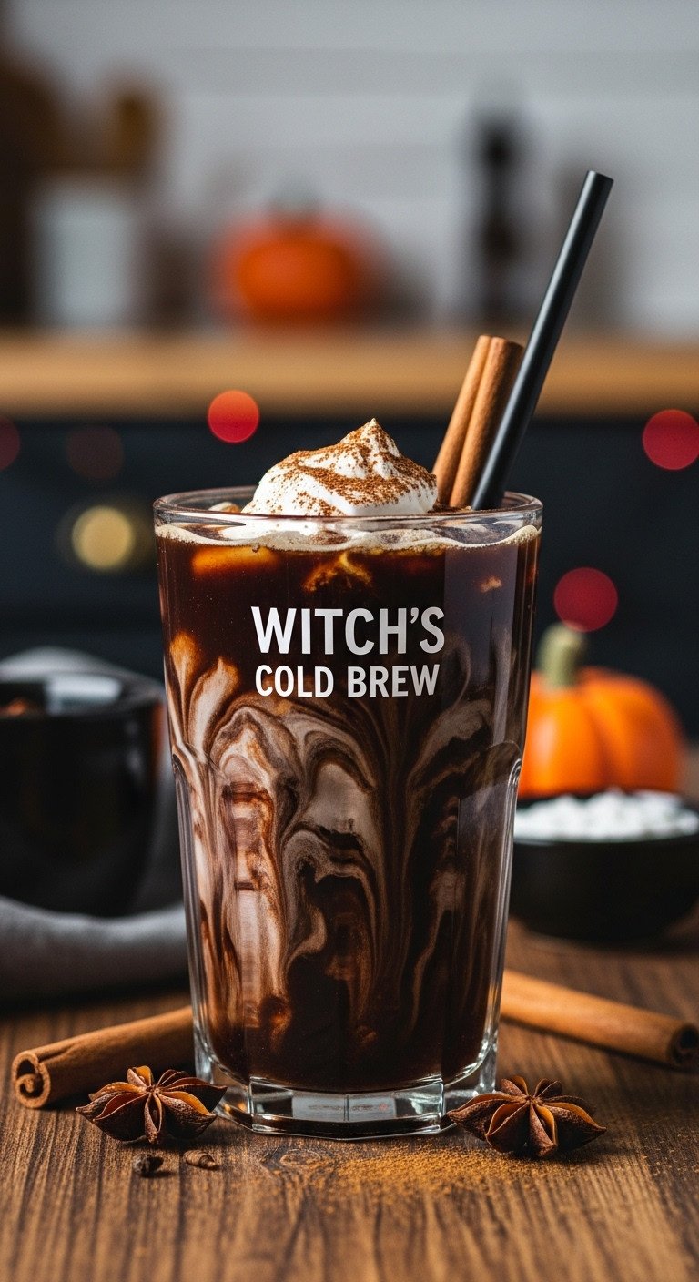 Witch's Cold Brew coffee with chocolate and cream on a rustic wooden table with cinnamon and star anise and blurred Halloween decorations