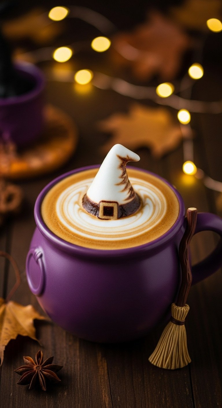 Witch's Hat Halloween latte art in a purple cauldron mug on dark wood with fairy lights and broomstick