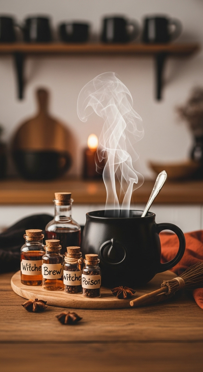 Witch's brew Halloween coffee station with steaming cauldron mug potion bottles broomstick and star anise on rustic wooden table