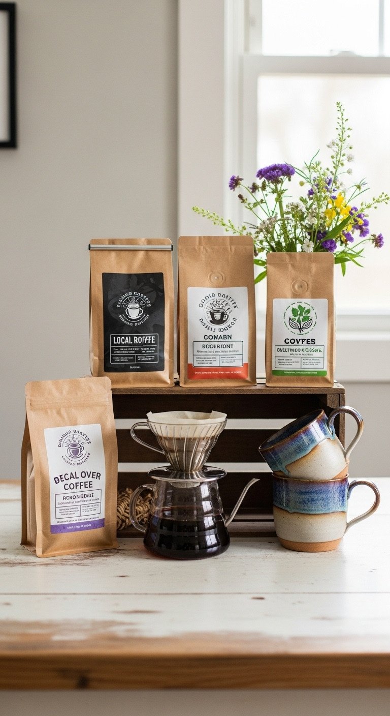 Wooden crate with three bags of local coffee pour over set and two pottery mugs on a rustic farmhouse table
