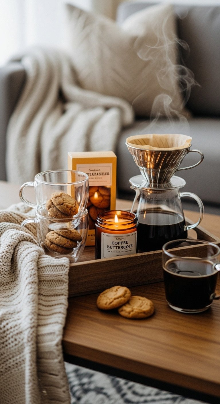 Wooden tray with double walled glass mugs gourmet butterscotch cookies coffee scented candle and glass pour over set by a knit blanket