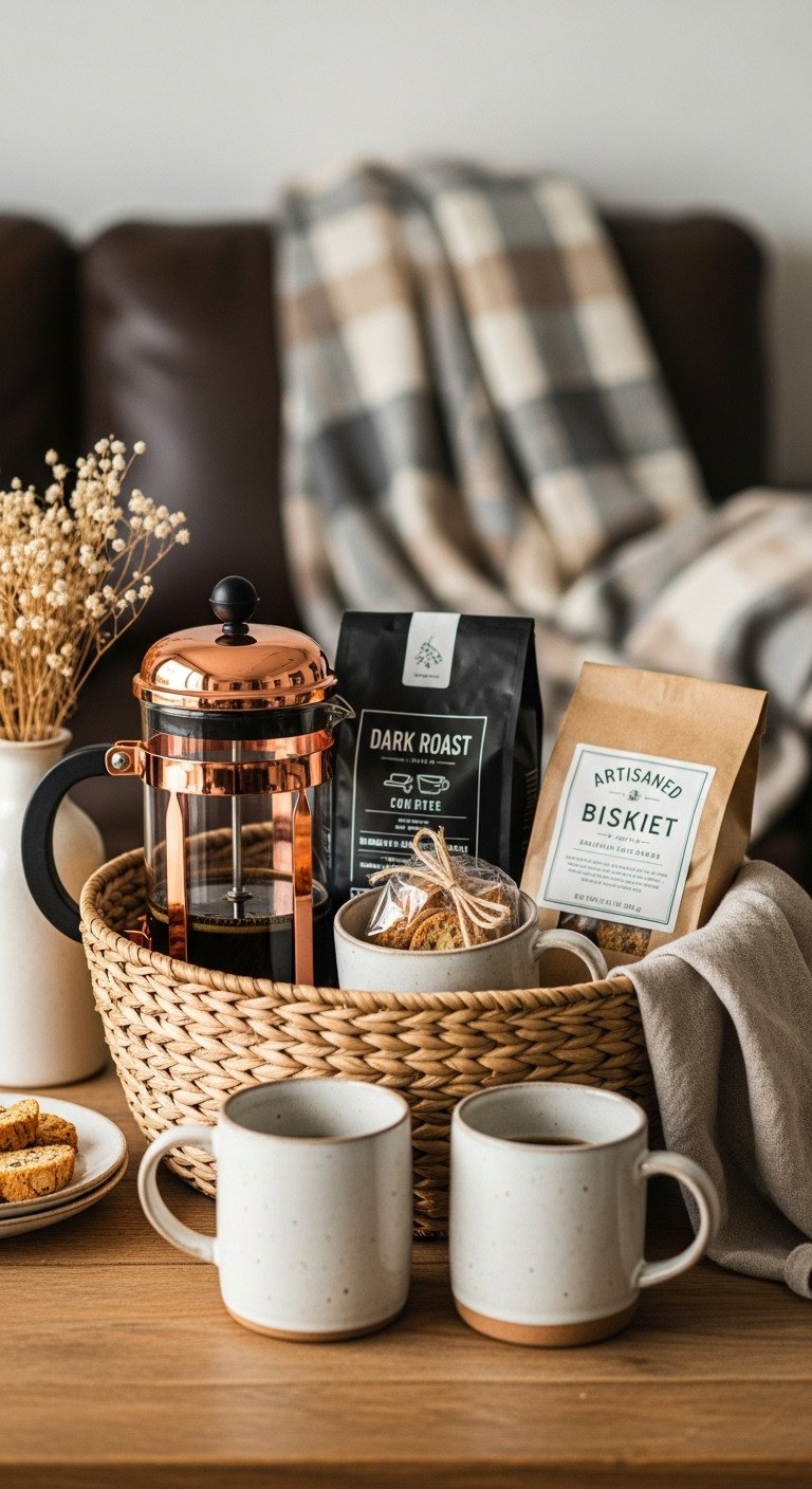 Woven basket with French press dark roast coffee two ceramic mugs and artisanal biscotti on a rustic table in a cozy living room