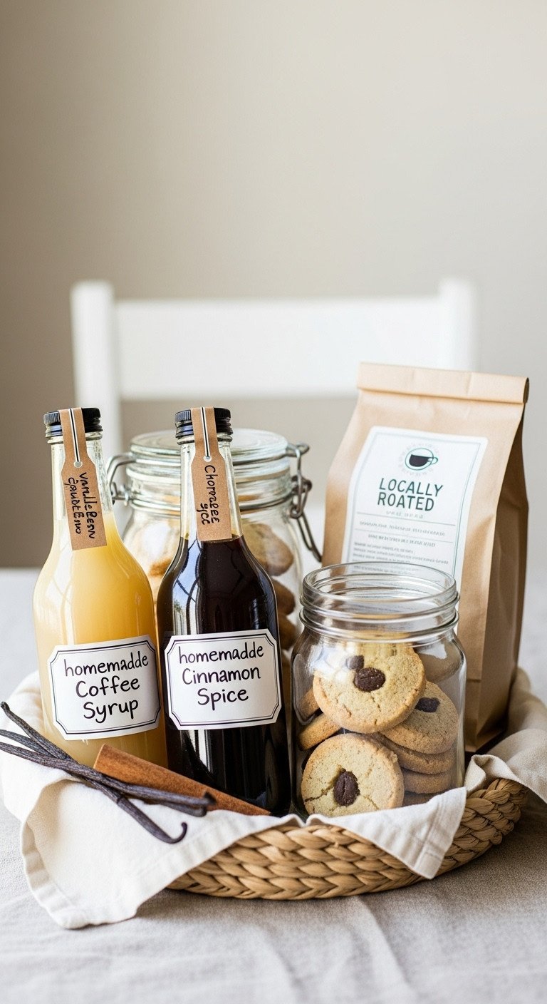 Light wire basket with cold brew coffee maker coarse ground coffee vanilla syrup glass tumblers straws on marble