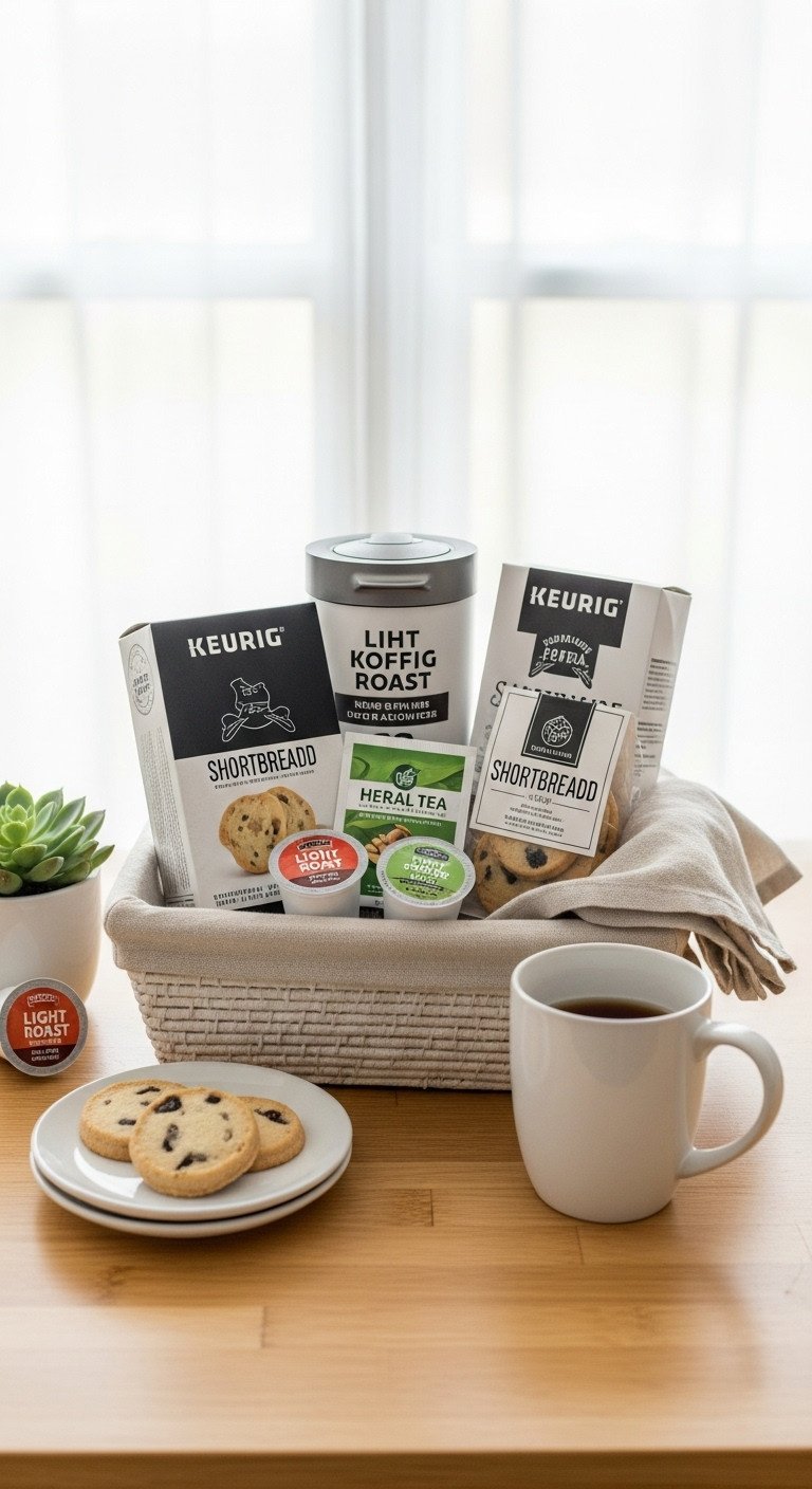 Woven basket with light roast coffee K-cups herbal tea K-cups shortbread cookies and minimalist ceramic mug on a light wood surface