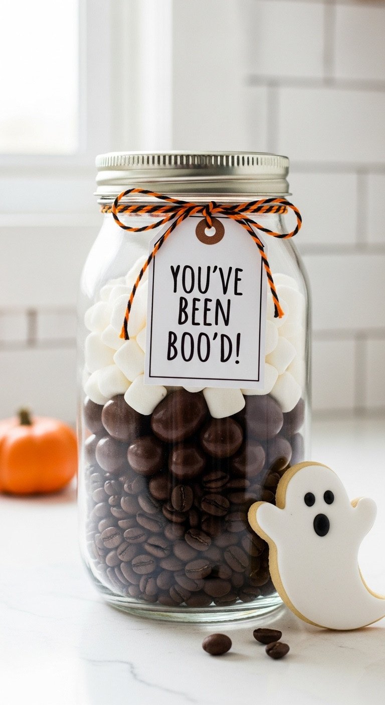 You've Been Boo'd DIY Mason Jar with layered coffee beans, espresso beans, and marshmallows