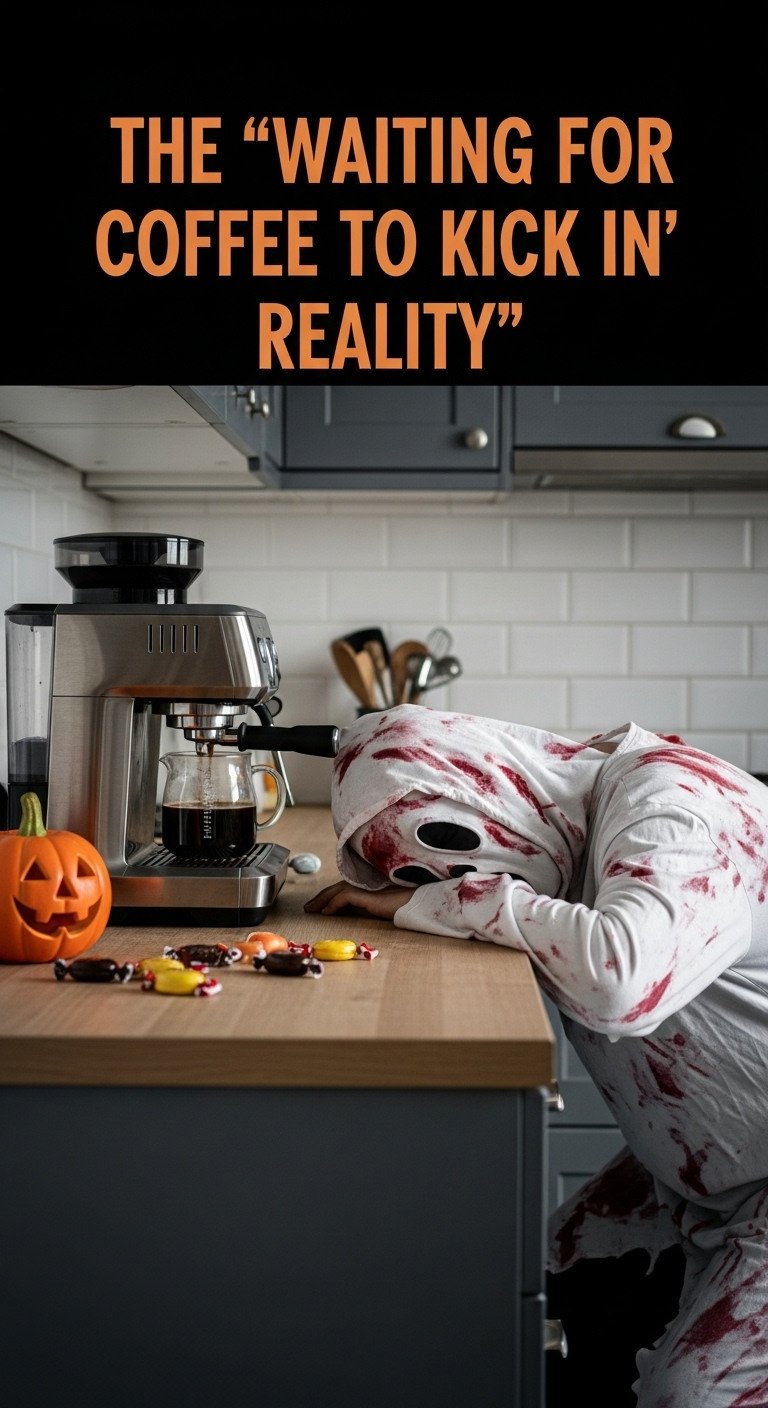 Zombie-costumed person slumped over kitchen counter staring at a brewing coffee machine in early morning light with Halloween candy