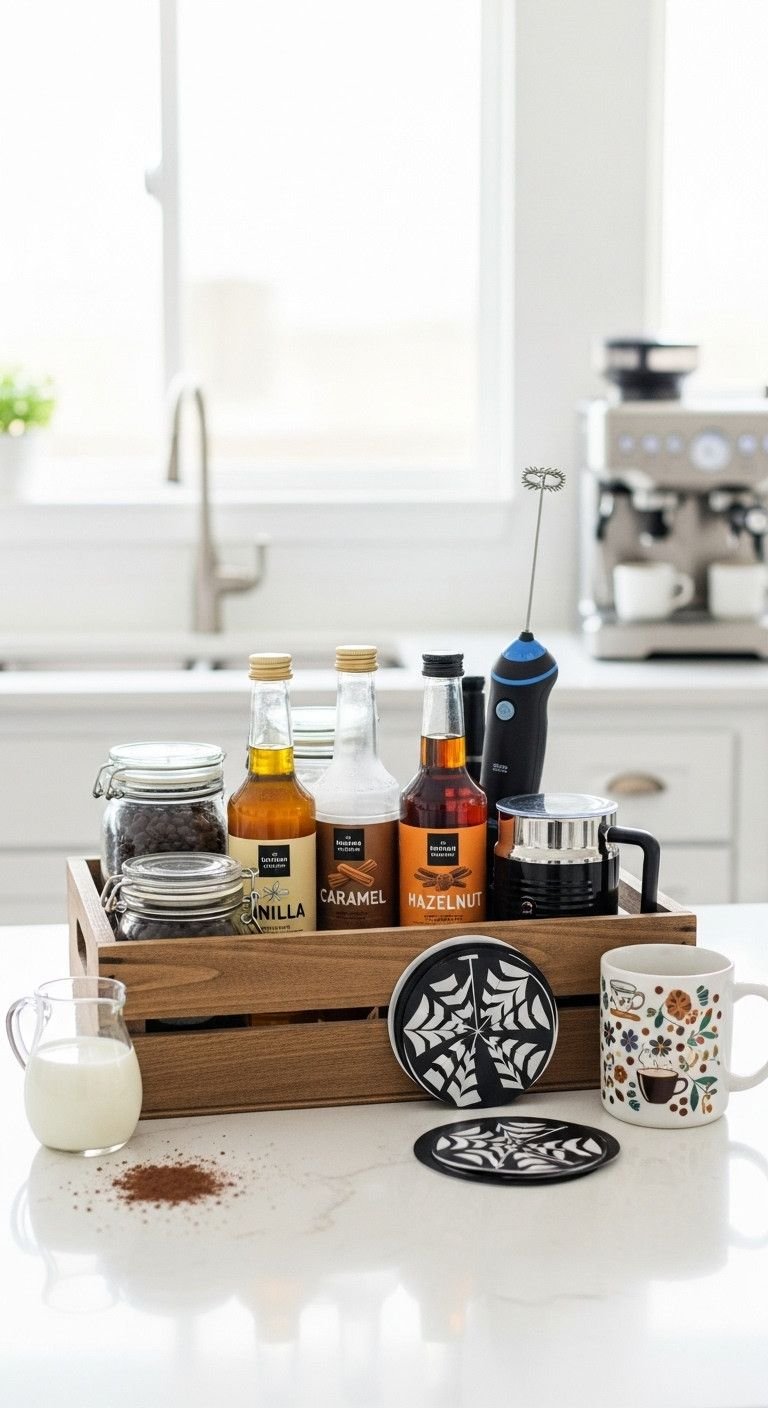 DIY coffee creation Easter basket with coffee beans syrups milk frother latte art stencils and personalized mug
