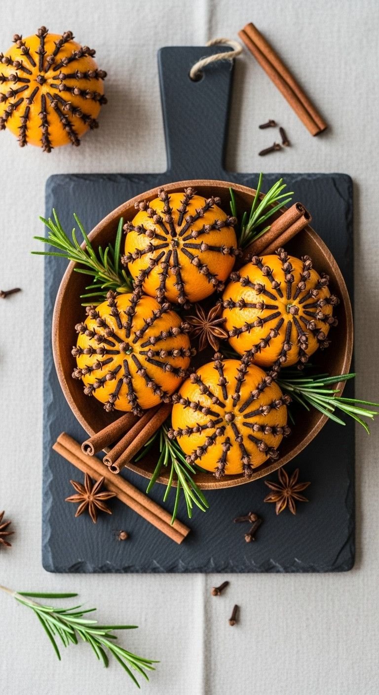 Christmas coffee table centerpiece with a citrus and spice pomander display of oranges cloves cinnamon and rosemary in a wooden bowl