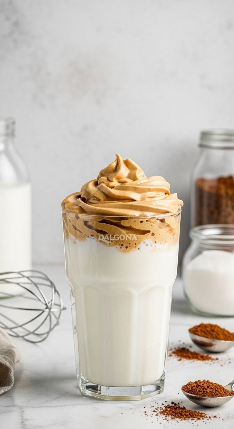 9 Genius Coffee Recipes To Master Lattes And Save Money 7 45-degree view of a Dalgona whipped coffee with stiff caramel foam over cold milk on a marble countertop, vibrant.