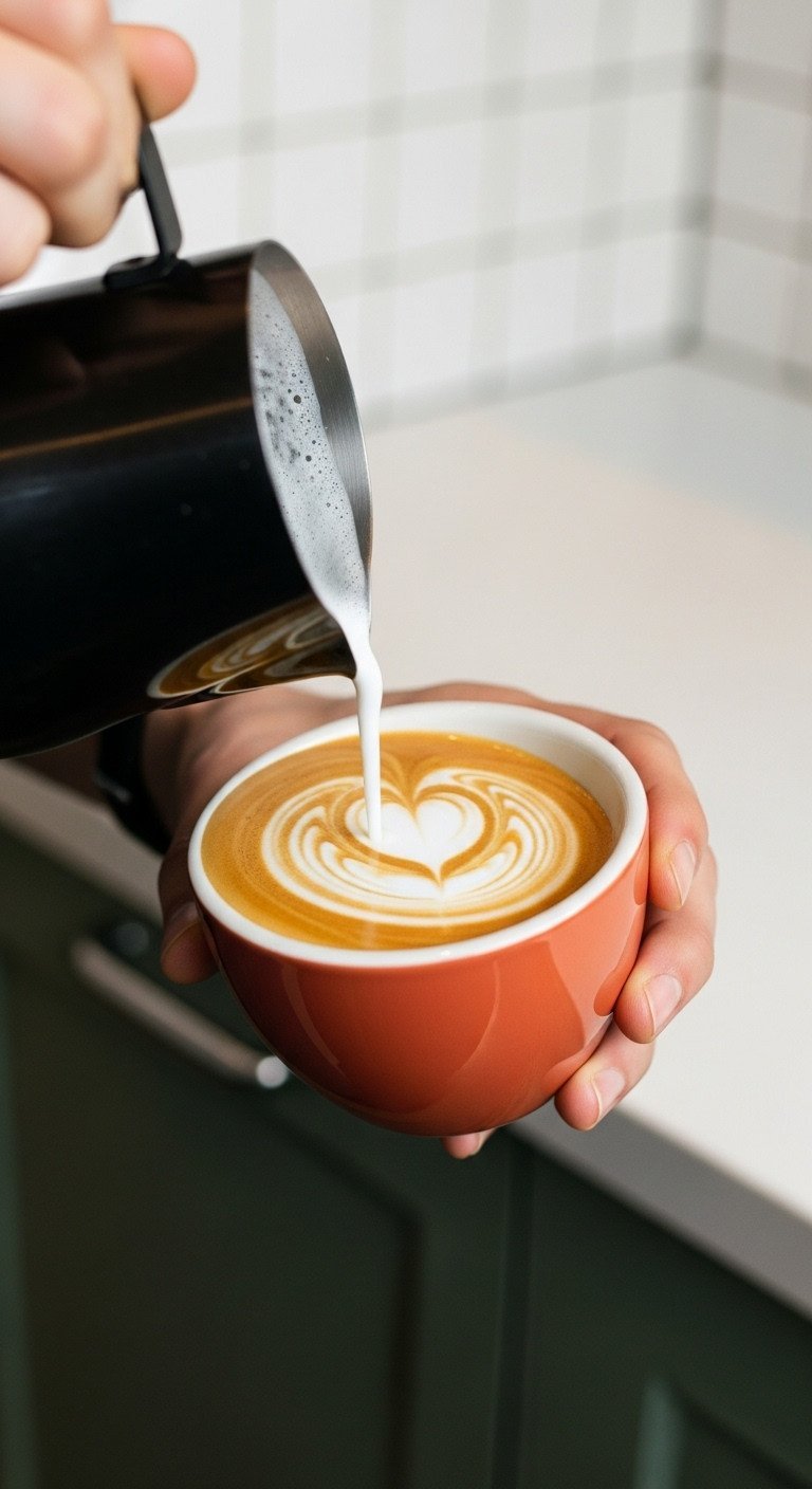 A barista pours steamed milk into espresso, creating the first white dot to begin a heart design in a terracotta latte cup.