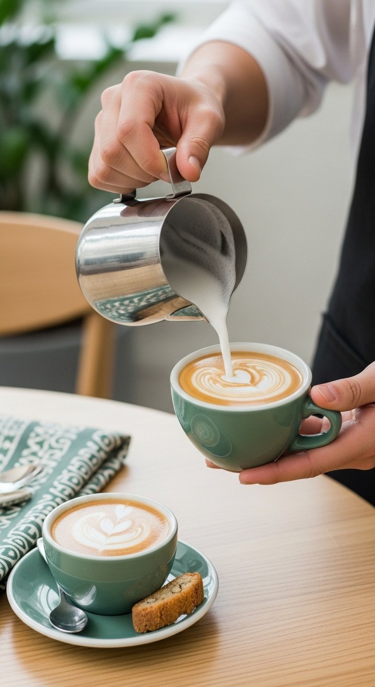 A barista's hands pour steamed microfoam from a steel pitcher into espresso, creating simple latte art in a bright cafe setting.