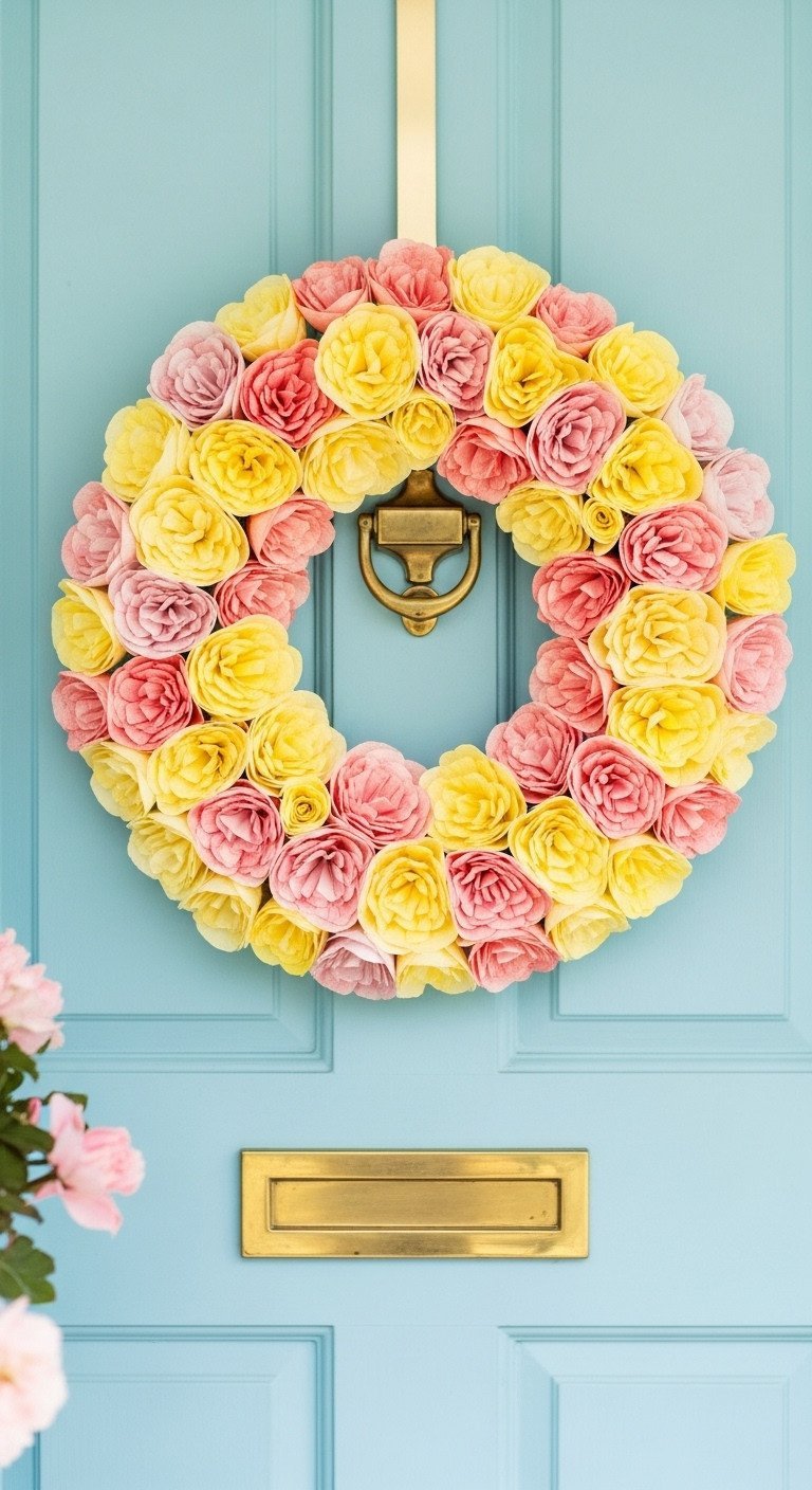 A beautiful DIY wreath made from colorful coffee filter flowers in pink, yellow, and orange hanging on a light blue front door.