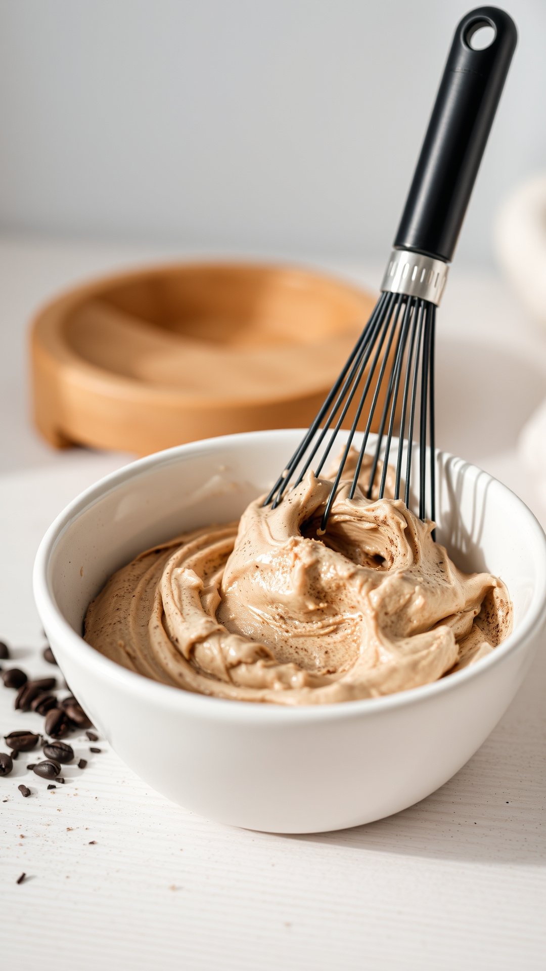The Proven Coffee Hair Dye Recipe For A Natural Brown Tint 5 A black whisk mixes a dark brown DIY coffee and conditioner hair mask in a white ceramic bowl on a gray stone surface.