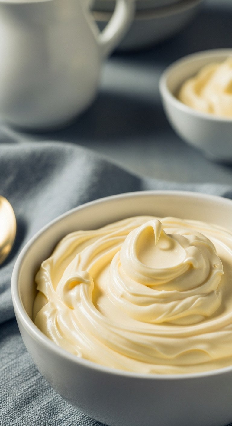 A bowl of rich, creamy, slightly yellow clotted cream substitute, perfect for scones or desserts.