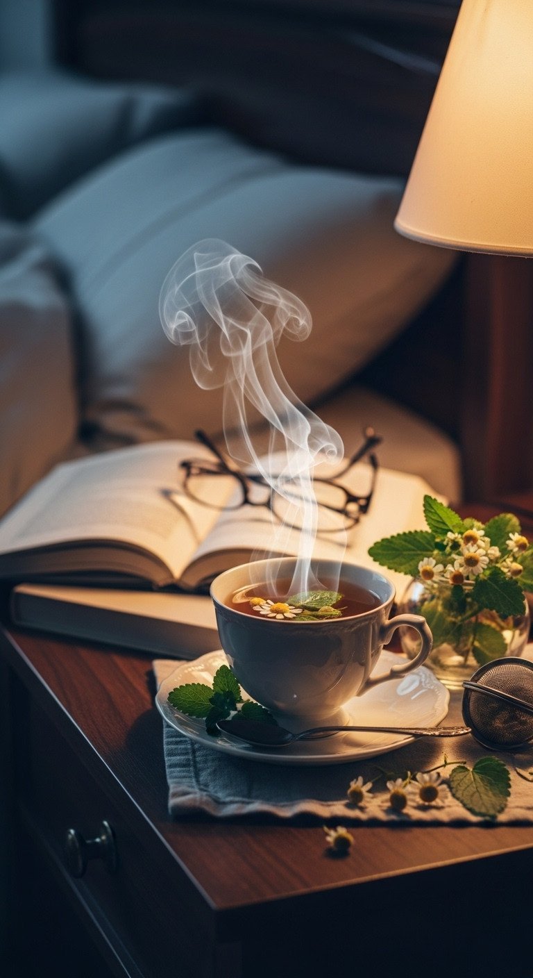 Brew The Perfect Lemon Balm Tea With Fresh Or Dried Leaves 9 A calming cup of steaming lemon balm chamomile tea in an antique teacup on a bedside table with a book for a bedtime routine.