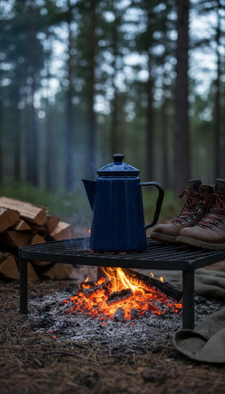 A classic blue enamel coffee percolator sits on a campfire grate over glowing embers, brewing coffee in a forest at dusk.
