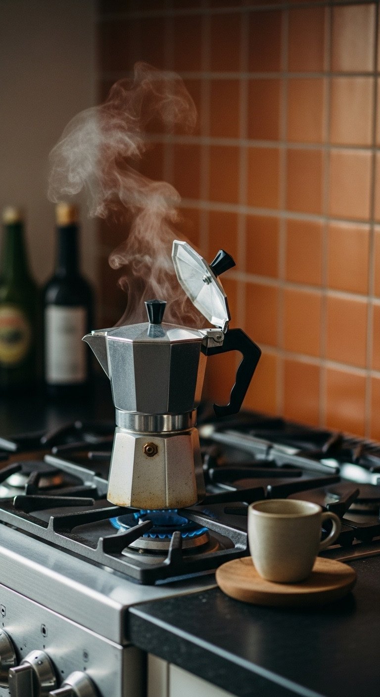 A classic silver Moka pot actively brewing dark coffee on a gas stovetop, with steam rising in a cozy, warm-toned kitchen.