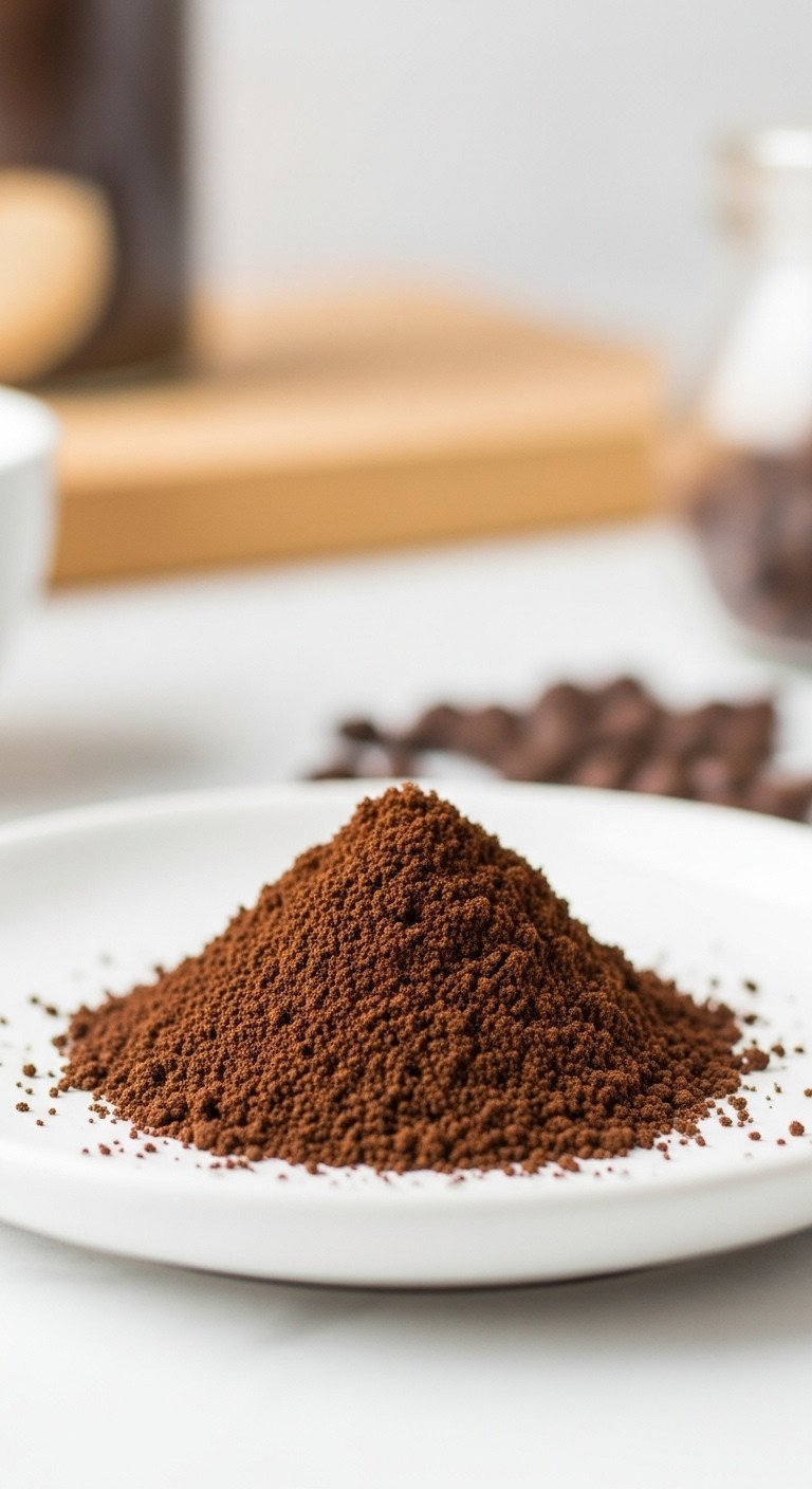 A close-up macro shot of a pile of medium-fine coffee grounds on a white plate with whole coffee beans scattered nearby.
