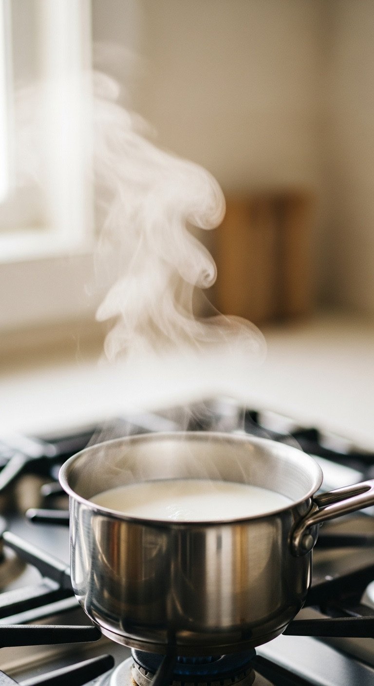 A close-up of white milk gently steaming in a small stainless steel saucepan on a stove, illuminated by soft window light.