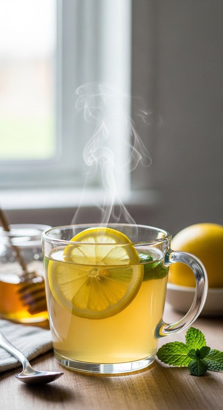 A comforting Medicine Ball Tea in a clear glass mug with a lemon wheel and rising steam, placed next to a jar of honey.