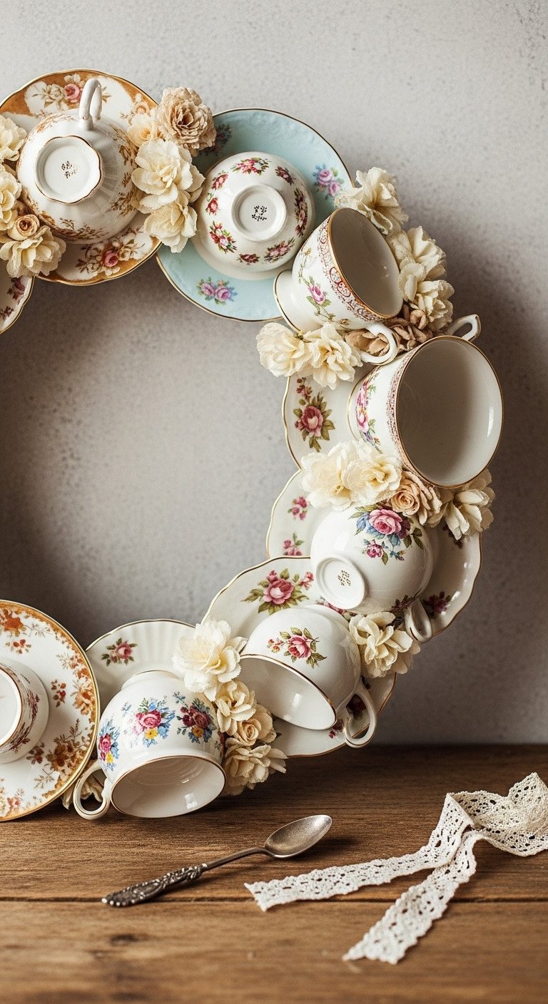 Teacup Wreath Tutorial for Permanent Vintage China Decor 9 A completed section of a teacup wreath showcasing mismatched vintage china with floral patterns, gold rims on a rustic table.