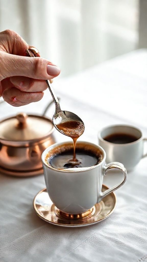 A copper cezve of Turkish coffee heats gently over the low blue flame of a gas stove in a modern kitchen.