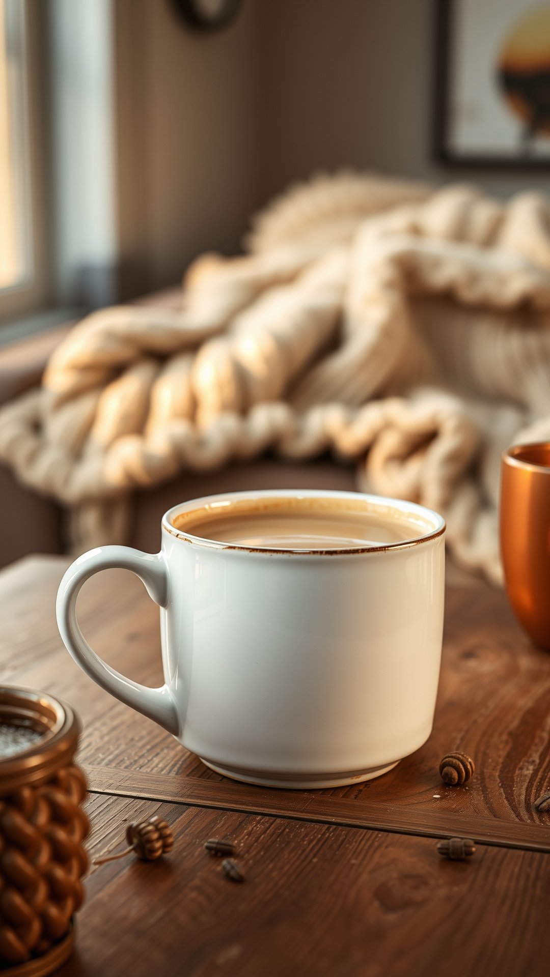 A cozy ceramic mug of creamy hot protein coffee with foam and steam sits on a rustic wooden table next to a silver spoon.