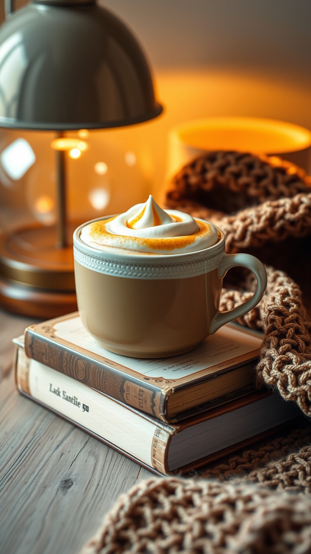 A cozy ceramic mug of vegan pumpkin spice latte with coconut cream on a stack of books next to a chunky knit blanket.