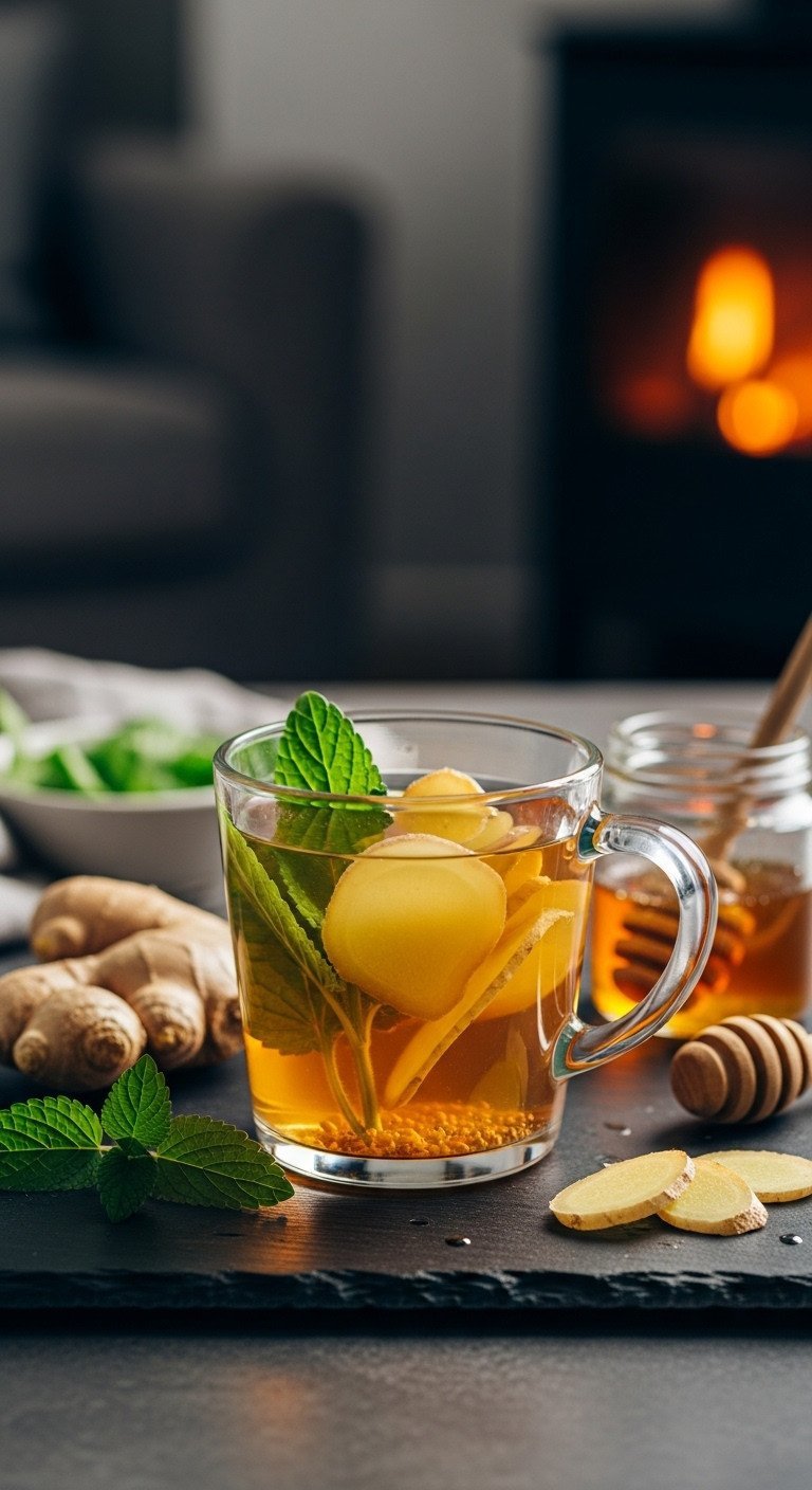 Brew The Perfect Lemon Balm Tea With Fresh Or Dried Leaves 5 A cozy clear glass mug of warm lemon balm and ginger tea with fresh ginger slices steeping inside next to a fireplace.