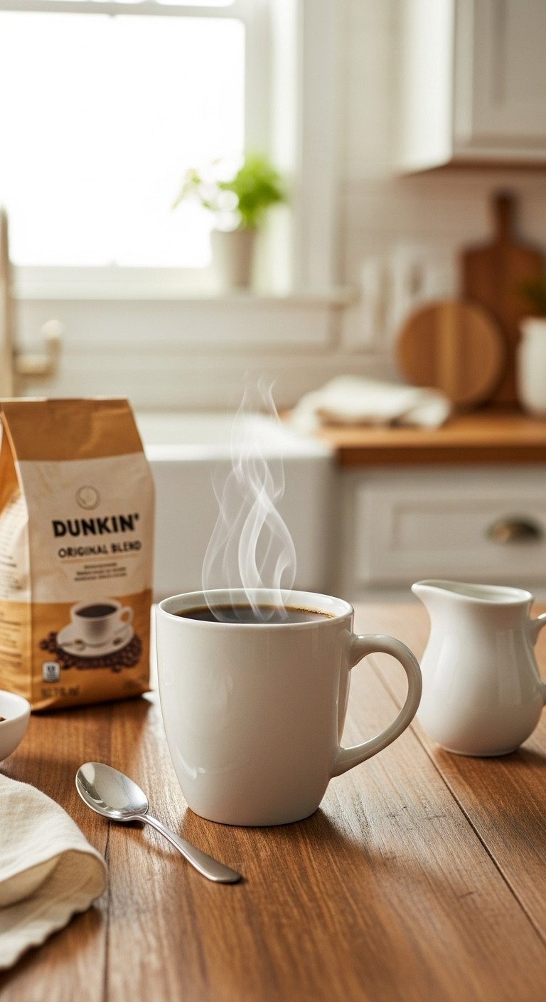 A cozy kitchen scene with a steaming white mug of hot coffee on a rustic wooden table, next to a spoon and creamer pitcher.