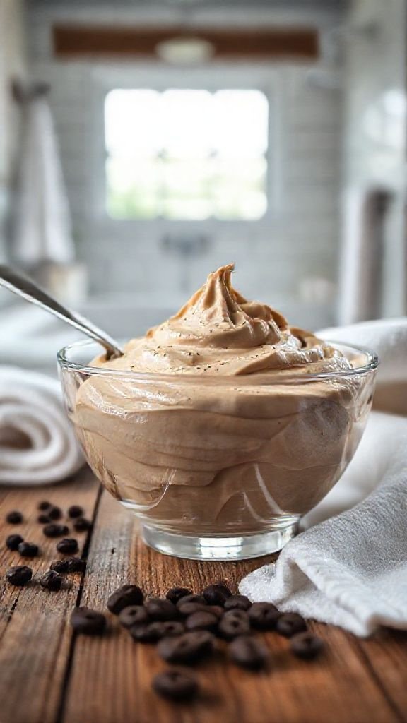 7 Coffee Face Mask Recipes For Instantly Radiant Skin 3 A creamy DIY coffee and yogurt face mask in a glass bowl with a spoon, set on a rustic wooden table for a skincare recipe.