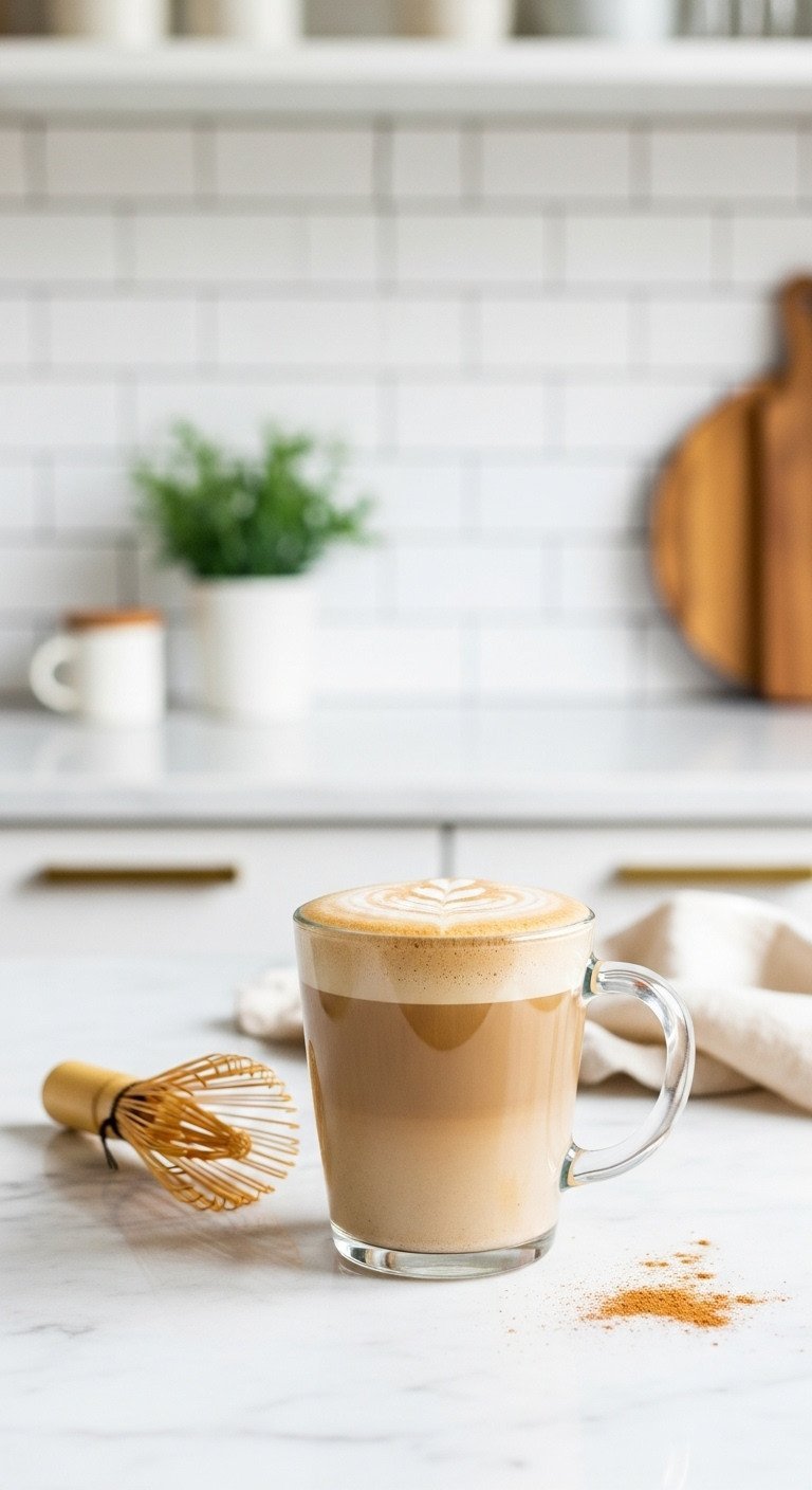 A creamy mushroom coffee latte in a glass mug on a white marble countertop with a bamboo whisk and a sprinkle of cinnamon.