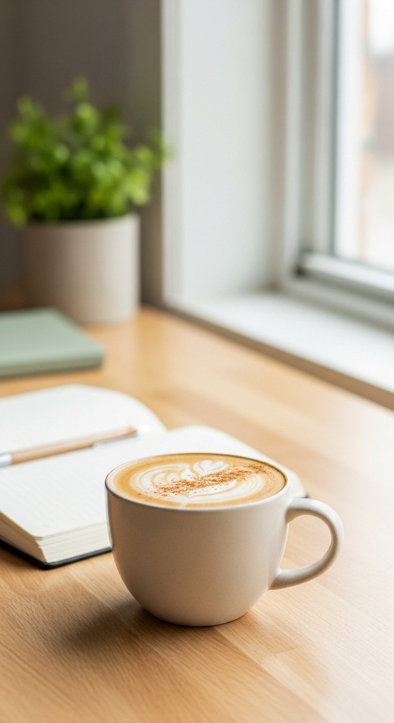 How To Make Adaptogen Coffee To Reduce Stress And Boost Focus 1 A creamy oat milk latte dusted with cinnamon in a ceramic mug on a light wood desk next to an open notebook and pen.