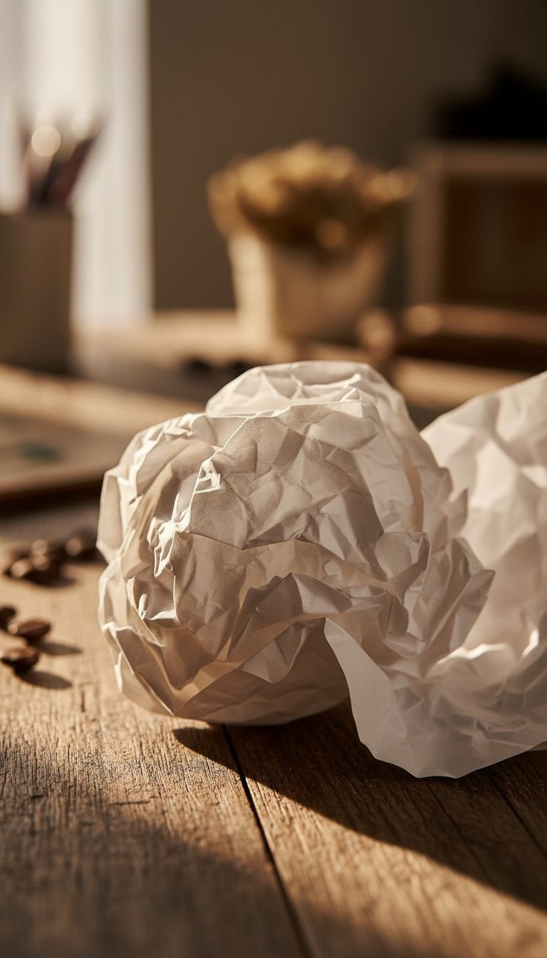 A crumpled ball of white paper is partially unfurled on a wood table, revealing deep wrinkles for a textured paper craft.