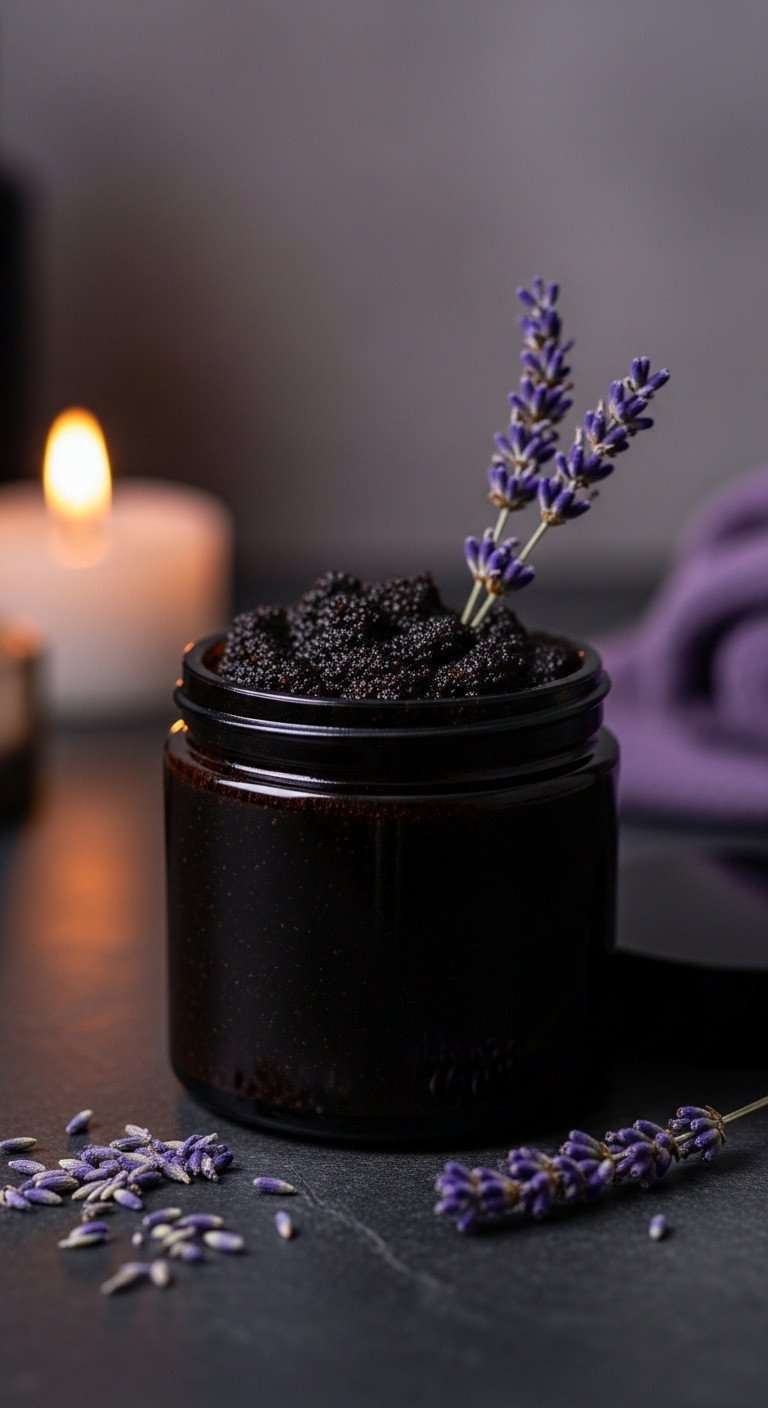 A dark glass jar of relaxing lavender coffee scrub with dried lavender buds on a dark stone surface in a calming setting.
