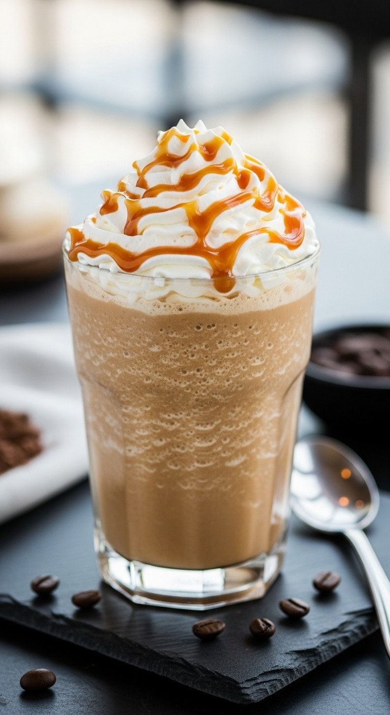 A decadent Caramel Frappuccino in a glass, topped with whipped cream and a generous caramel drizzle, on a slate surface.