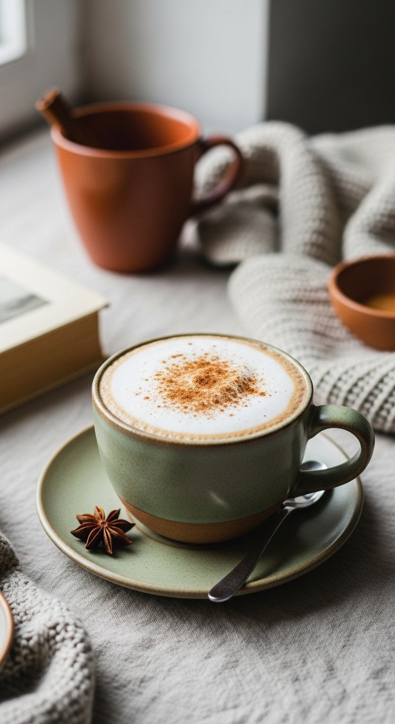 Cozy Chai Tea Latte Recipe That Tastes Better Than A Cafe 13 A finished chai tea latte in a ceramic mug, topped with silky foam and cinnamon, sits on a table with a book and cozy blanket.