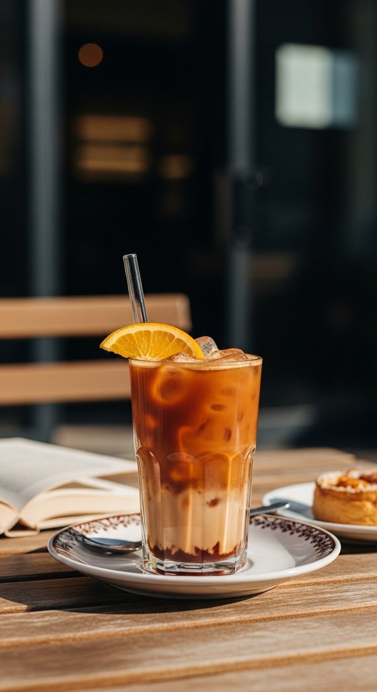 Perfectly Layered Chai Espresso Tonic Recipe You Need To Make 13 A finished, layered Chai Espresso Tonic with an orange peel garnish sits on a sun-drenched cafe table in a highball glass.