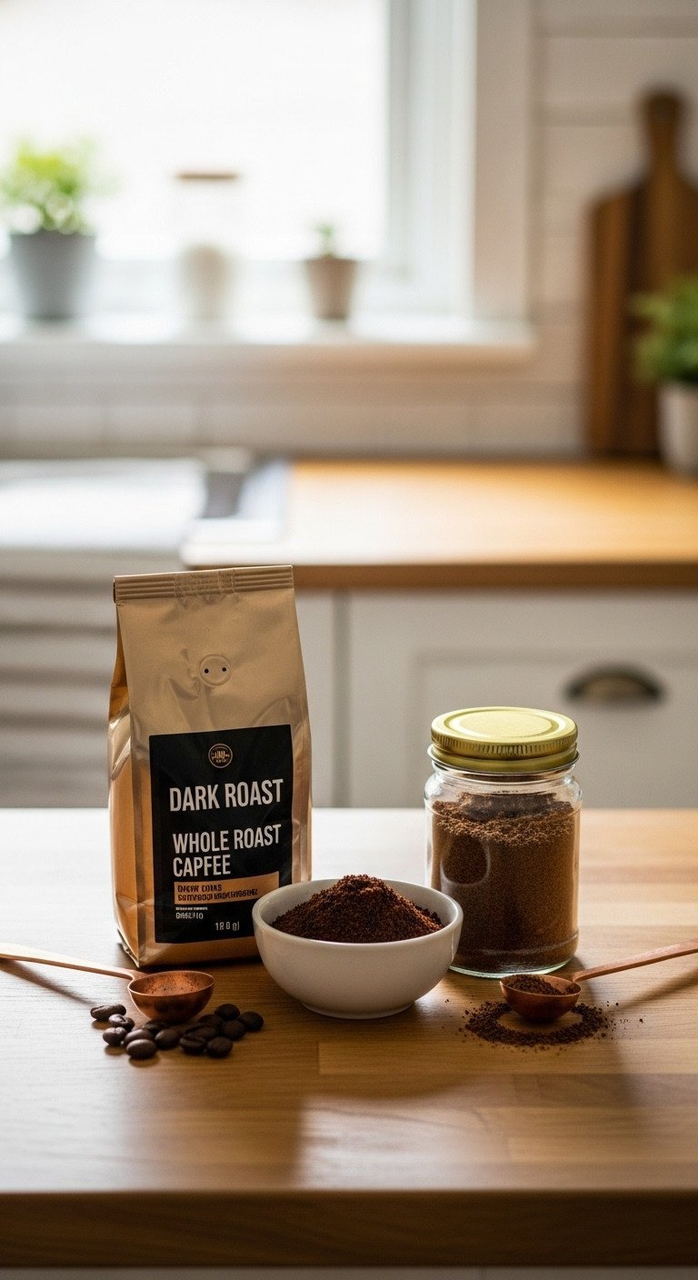 A flat lay of coffee varieties on a rustic wooden counter, including whole dark roast beans, ground espresso, and powder.