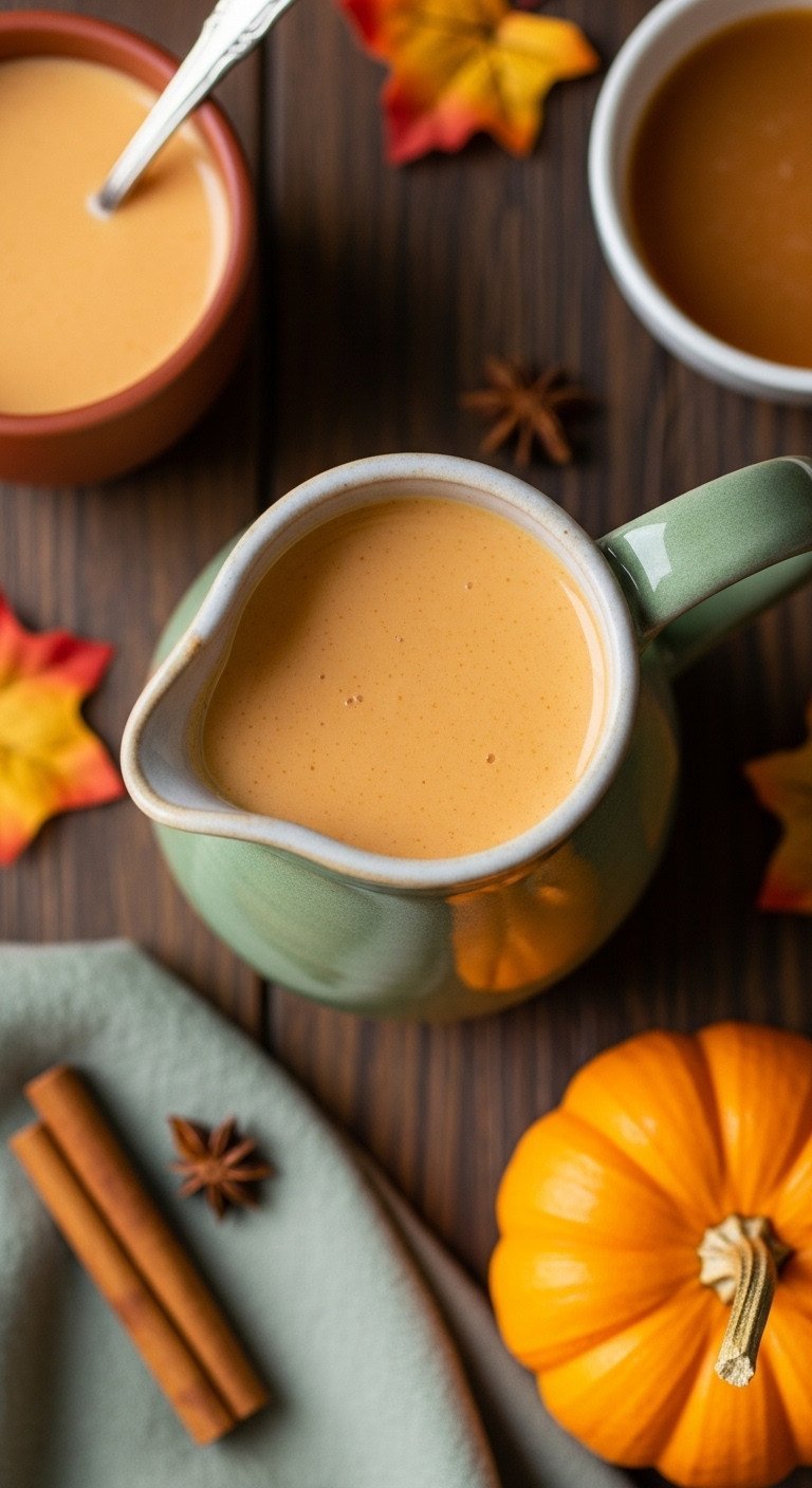 The Easiest Coffee Creamer Recipe With 11 Flavor Ideas 7 A flat lay of pumpkin spice creamer in a rustic pitcher with a cinnamon stick and small pumpkin on a dark wood surface.