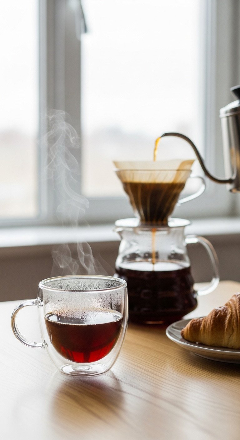 A freshly brewed cup of pour-over coffee in a double-walled glass mug with steam rising, next to a croissant on a plate.