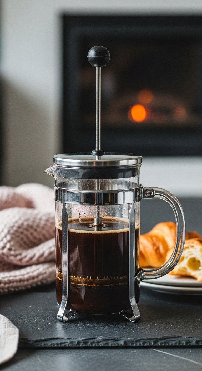 How To Make Espresso At Home That Tastes Like A Cafe 5 A glass French Press with brewed coffee, showing separated grounds, in a cozy room with warm golden hour light from a window.