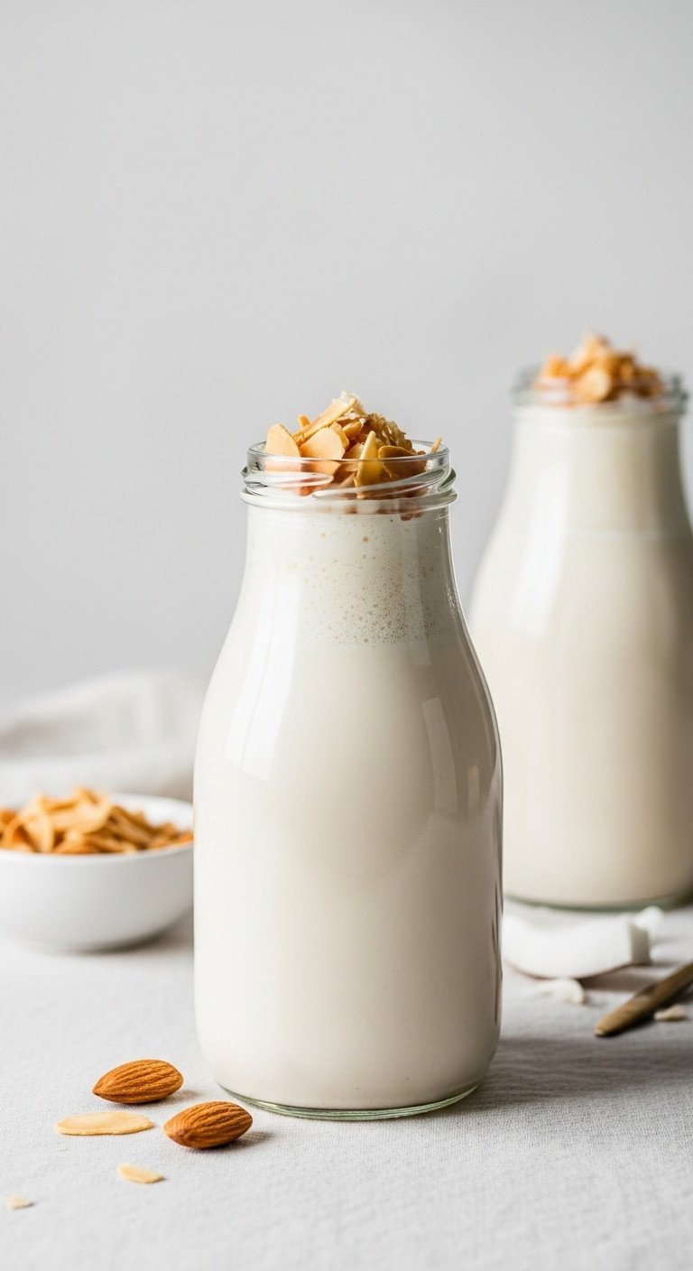 The Easiest Coffee Creamer Recipe With 11 Flavor Ideas 13 A glass bottle of homemade almond coconut coffee creamer garnished with toasted coconut flakes and whole almonds.