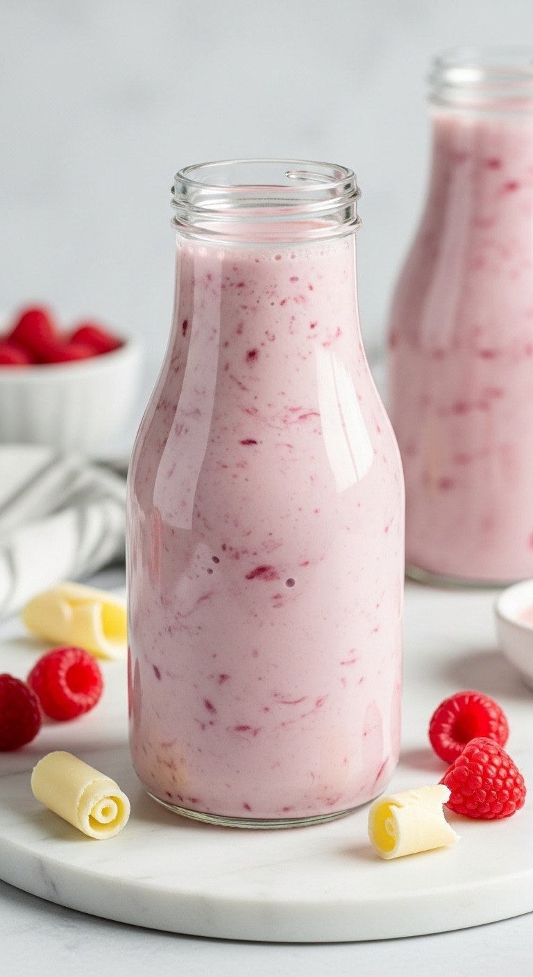 The Easiest Coffee Creamer Recipe With 11 Flavor Ideas 19 A glass bottle of raspberry swirl coffee creamer with fresh raspberries and white chocolate curls on a marble surface.