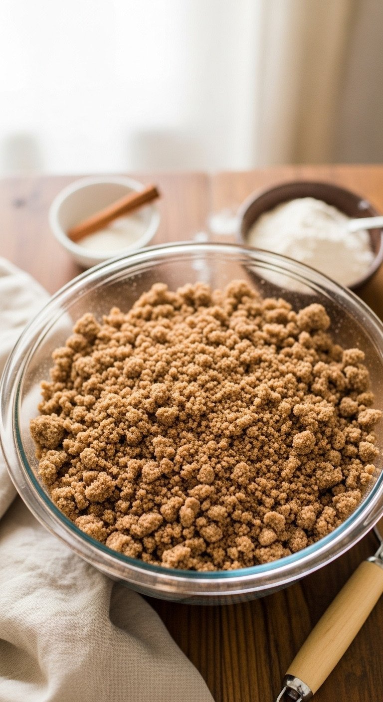 A glass bowl of homemade cinnamon streusel topping with a vintage pastry blender on a rustic wood surface. Flat lay for a recipe.