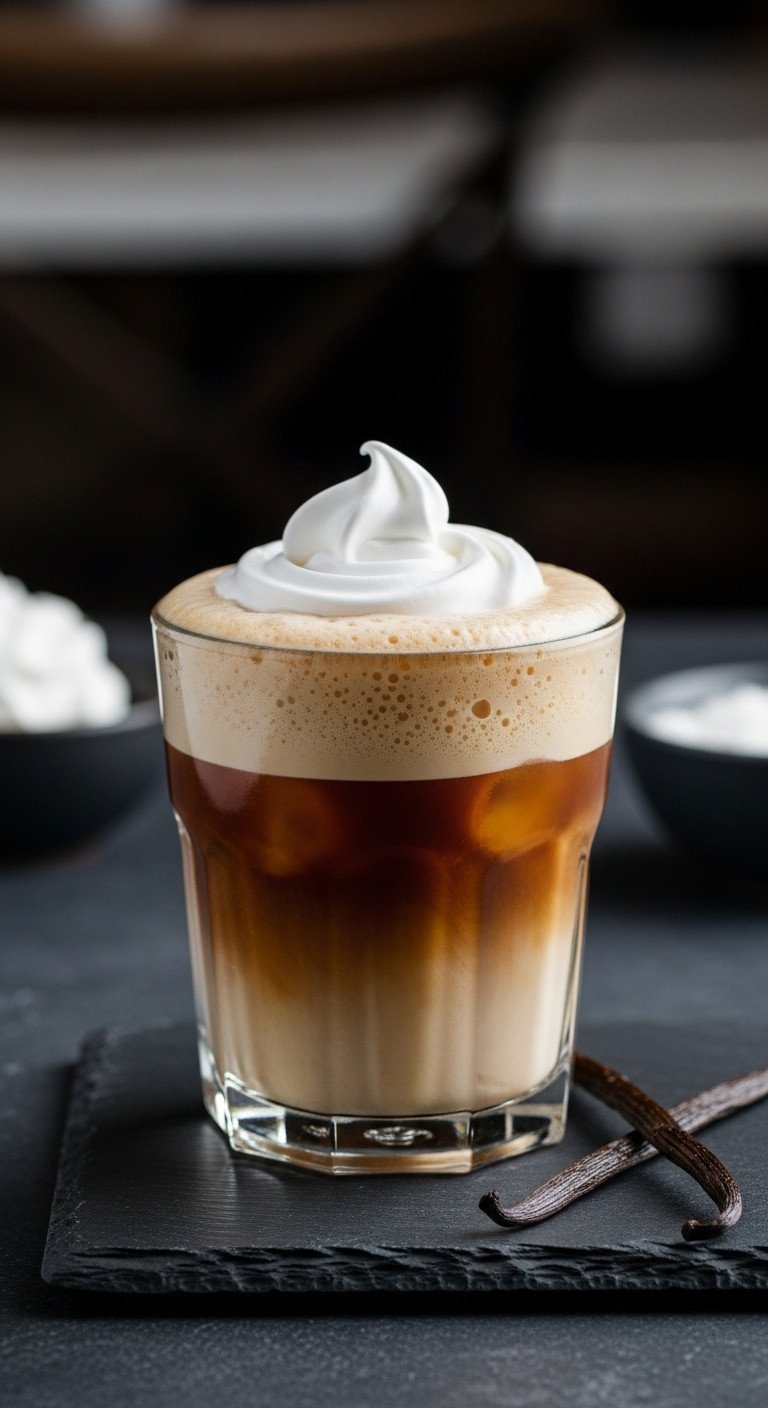 A glass of cold brew coffee with a thick, decadent layer of vanilla sweet cream cold foam on a dark slate cafe surface.
