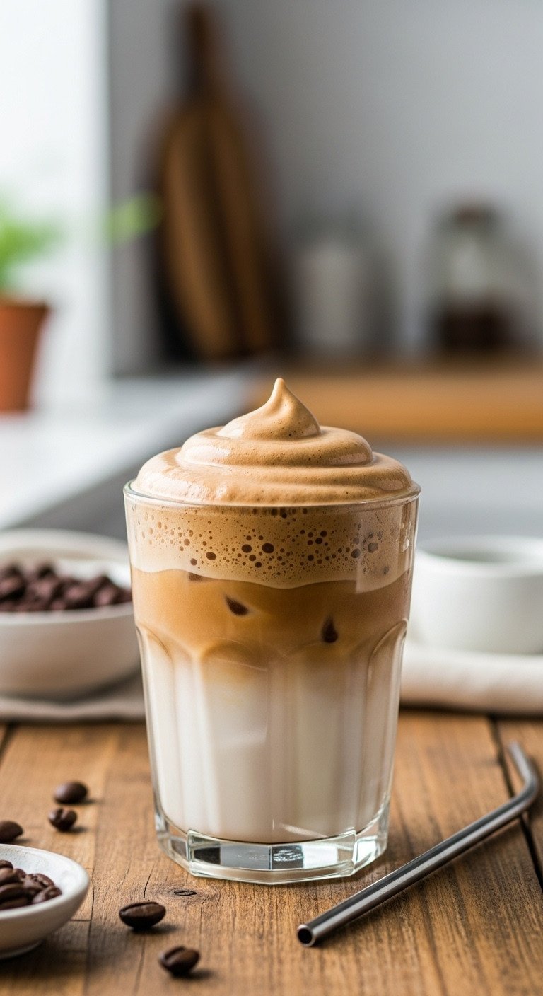 The Perfect Dalgona Coffee Recipe For Fluffy Whipped Coffee 1 A glass of homemade Dalgona coffee with velvety whipped foam on iced milk, set on a rustic wooden table with a metal straw.
